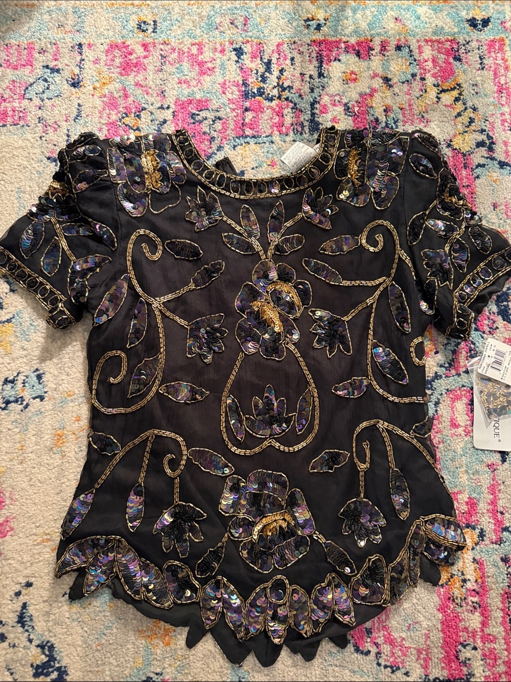 Vintage Adrianna Papell Black Beaded Floral Sequin Short Sleeve Top